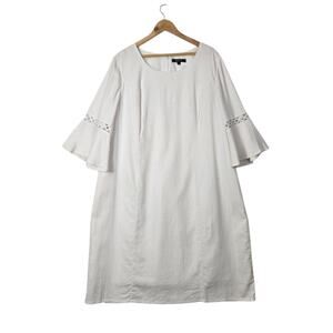 Glamour Linen Blend Midi Shift Dress sz 20W White Embroidered Trim Bell Sleeve
